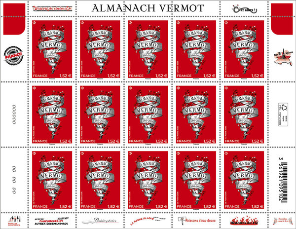 Feuille de 15 timbres - Almanach Vermot (1886-2026) - Lettre Verte