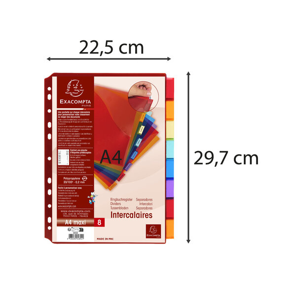 Intercalaires Avec Pochette Polypropylène 8 Positions - A4 Maxi - Couleurs Assorties - X 10 - Exacompta