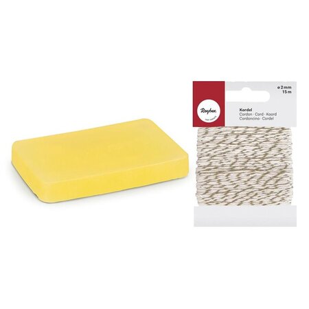 Savon à mouler 100 g jaune + Ficelle dorée & blanche 15 m