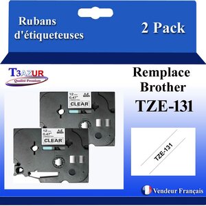 2x  Rubans d'étiqueteuses compatibles avec Brother Tze131  Tze-131 pour étiqueteuses P-touch - Texte noir sur fond transparent - Largeur 12 mm x 8 mètres - T3AZUR