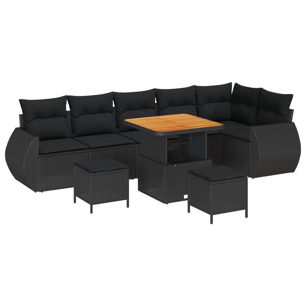 vidaXL Ensemble de canapés de jardin 9 pièces avec coussins noirs en poly rattan et acacia.