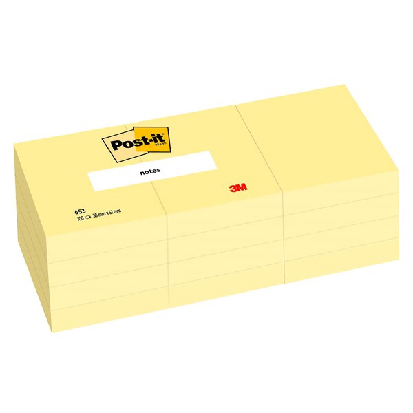 Notes repositionnables jaune classique post-it 38 x 51 mm - bloc de 100 feuilles - lot de 12