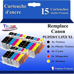 T3AZUR - 15x Cartouches compatibles avec Canon PGI520 CLI-521 XL pour Canon Pixma iP3600 iP4600 iP4700 MP540 MP550 MP560