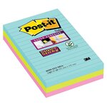 Bloc de notes Super Sticky lignées, 101 x 152 mm, collection multicolore Miami, 90 feuilles (paquet 3 unités)