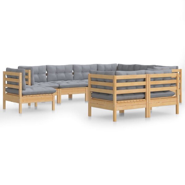 vidaXL Salon de jardin 9 Pièces avec coussins gris bois de pin massif