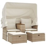 vidaXL Canapé de jardin 2 places avec auvent et tabourets beige rotin