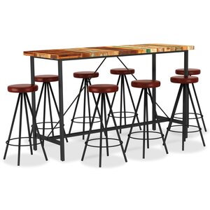 vidaXL Ensemble de bar 9 Pièces Bois de récupération et cuir véritable