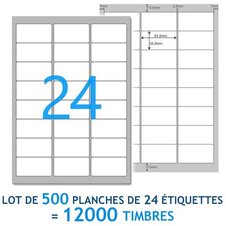 Lot de 500 Planches A4 de 24 étiquettes  spéciales TIMBRE - 6,35 x 3,39 cm = 12000 étiquettes