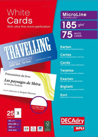 Pack 75 Cartes 210X99mm 185G. Blanc