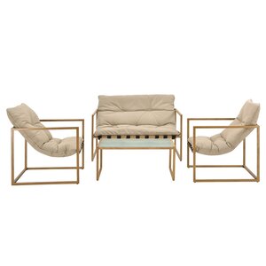 Salon de jardin table basse avec canapé et chaises extérieures en acier avec coussins oléfines et plateau de table en verre imitation bois kaki 03_0006028