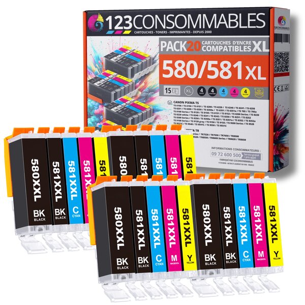 123CONSOMMABLES - 580XXL 581XXL - Cartouches d'encre Compatible avec Canon 581 580 XXL pour TS8150 TS6150 TS8250 TS6151 TR8550 TR7550 TS8151 TS9150 (8 Noir / 4 Cyan / 4 Magenta / 4 Jaune)