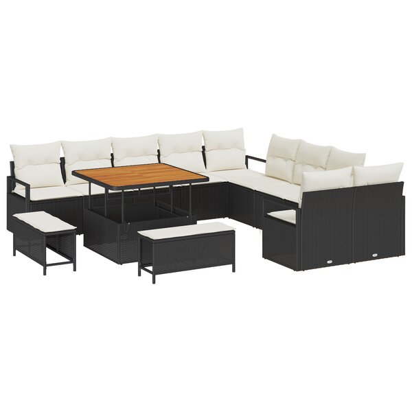 vidaXL Ensemble de canapé de jardin 13 pièces avec coussins en poly rattan noir et acacia