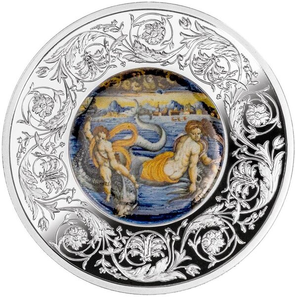 Pièce de monnaie en Argent 5 Euro g 31.1 (1 oz) Millésime 2025 Maiolica VENUS AND CUPID SWIMMING ON DOLPHINS