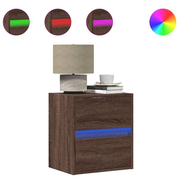 vidaXL Table de chevet murale avec lumières LED chêne marron