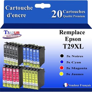 T3AZUR - 20x Cartouches compatibles avec Epson Expression Home XP-235  XP-245  XP-247  XP-255  XP-257  T29XL