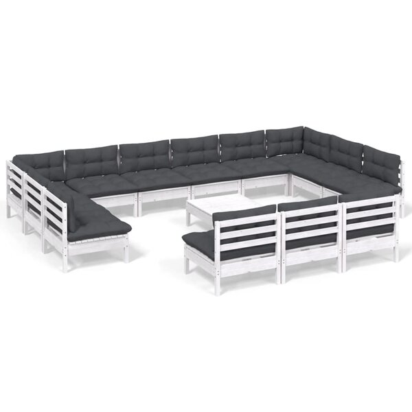 vidaXL Salon de jardin 14 Pièces avec coussins blanc bois de pin solide