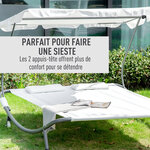 Bain de soleil 2 places lit de jardin design contemporain toit réglable 2 roulettes 2 oreillers acier époxy polyester crème