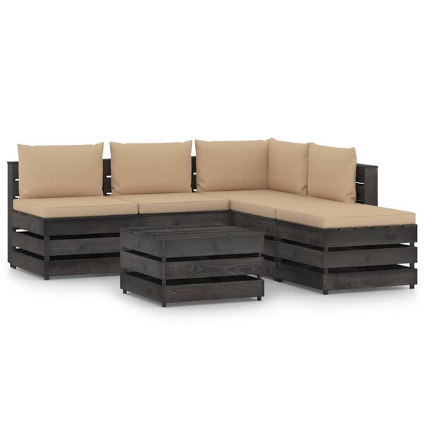 vidaXL Salon de jardin 6 Pièces avec coussins gris bois imprégné