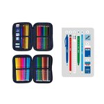 Trousse à crayons Milan Collection 430 à 2 niveaux avec 2 gommes  un taille-crayon  un crayon  un stylo à bille P1 Touch Blue  une règle  12 crayons de couleur et 18 marqueurs - Bleu