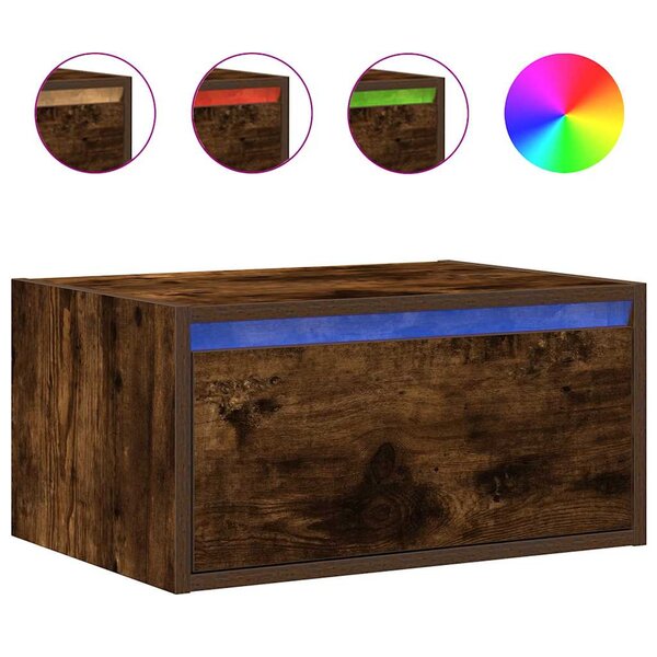 vidaXL Table de chevet murale avec lumières LED chêne fumé