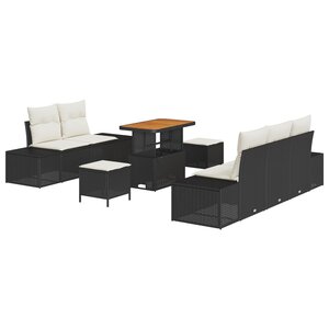 Ensemble de canapé de jardin 8 pièces vidaXL avec coussins en poly rattan noir et acacia