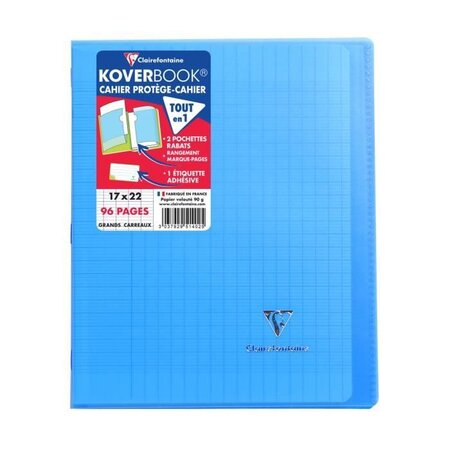 CLAIREFONTAINE - Cahier piqûre KOVERBOOK - 17 x 22 - 96 pages Seyes - Couverture Polypro translucide - Couleur bleue