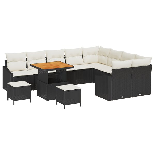 Set de Canapé de Jardin vidaXL de 12 Pièces avec Coussins Rattan Poly Noir Acacia