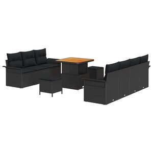 Ensemble de Canapé de Jardin de 10 Pièces avec Coussins Noir Poly Rattan Acacia