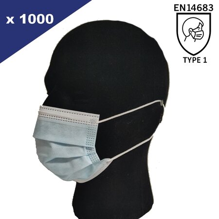 Lot de 1000 Masques Jetables Bleu Type I EN14683 - 20 boites de 50 masques