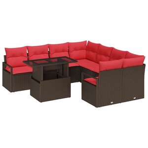 vidaXL Ensemble de canapé de jardin 9 Pièces Marron et rouge polyrotin
