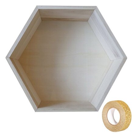 Etagère hexagone bois 30 x 26 5 x 10 cm + masking tape doré à paillettes 5 m
