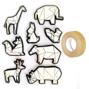 8 stickers 3D animaux du zoo 6 cm + masking tape doré à paillettes 5 m