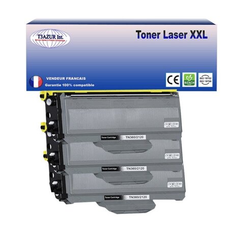 3 Toners compatibles avec Brother TN2120 pour Brother HL-2140, HL-2150N, HL-2170W - 2 600 pages - T3AZUR