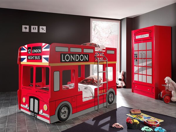 Funbeds Lit superposé bus londonien + Armoire London 2 portes rouge