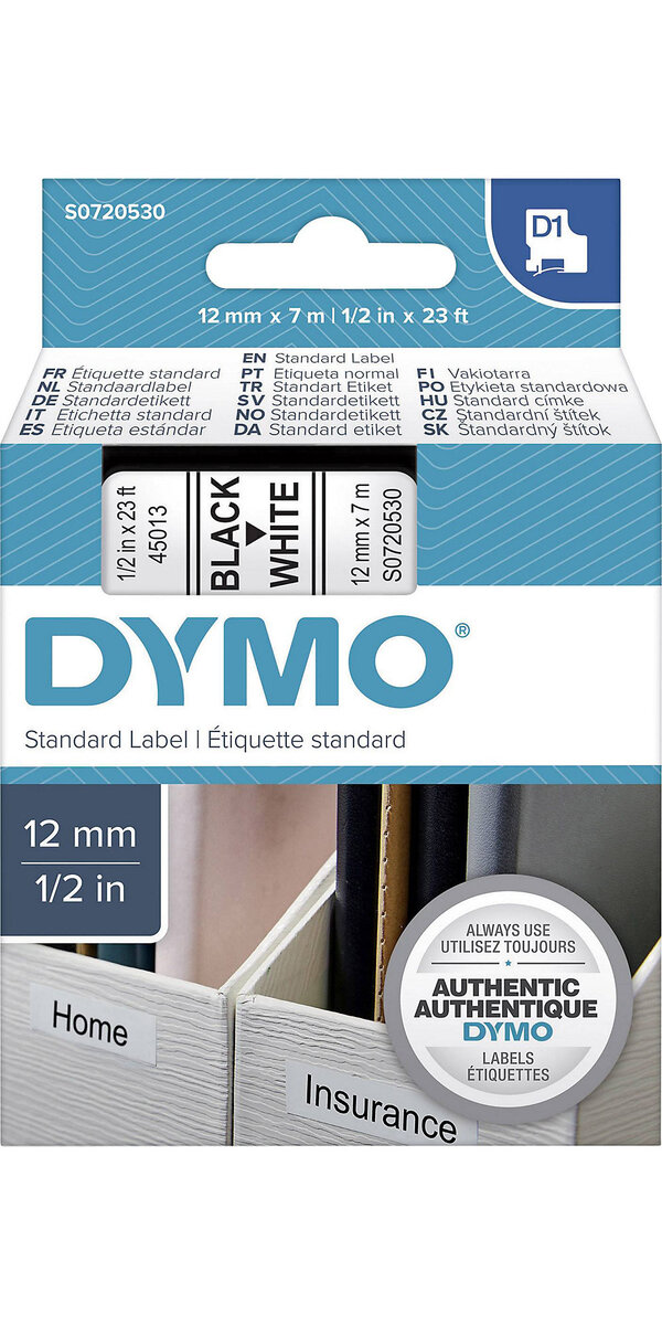Ruban d'étiquettes Dymo D1 pour imprimante, 45013 noir sur blanc