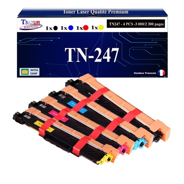 T3AZUR - 4 Toners compatibles avec TN247  pour Brother HL-L3210CW  HL-L3230CDW Noire - 3 000 pages - T3AZUR