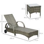 Lot de 2 transats bains de soleil grand confort : matelas  têtière  inclinaison réglable multipostions  accoudoirs  roulettes + table basse verre trempé résine tressée grise
