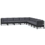 vidaXL Salon de jardin 9 Pièces avec coussins Noir Bois de pin massif