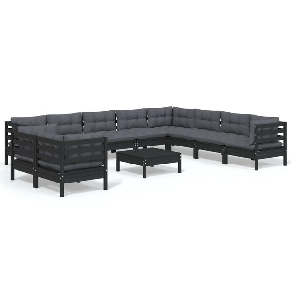 vidaXL Salon de jardin 11 Pièces avec coussins Noir Bois de pin solide