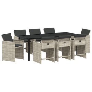 vidaXL Set de salle à manger de jardin 9 pièces avec coussins gris clair en rattan PE