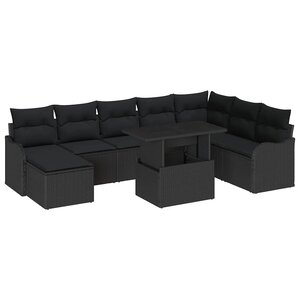 vidaXL Ensemble de canapé de jardin avec coussin 9 Pièces Noir Poly rotin