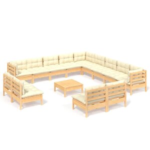 Salon de jardin meuble d'extérieur ensemble de mobilier 14 pièces avec coussins crème bois de pin solide 02_0015834