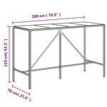 vidaXL Table de bar et dessus en verre gris 180x70x110 cm poly rotin