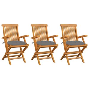 vidaXL Chaises de jardin avec coussins gris lot de 3 Bois teck massif
