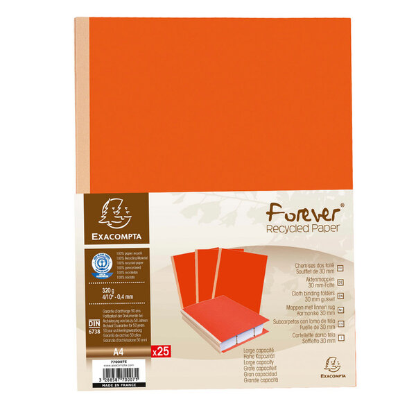 Paquet de 25 chemises Dos toilé 300g dos 3cm 24x32cm Orange EXACOMPTA