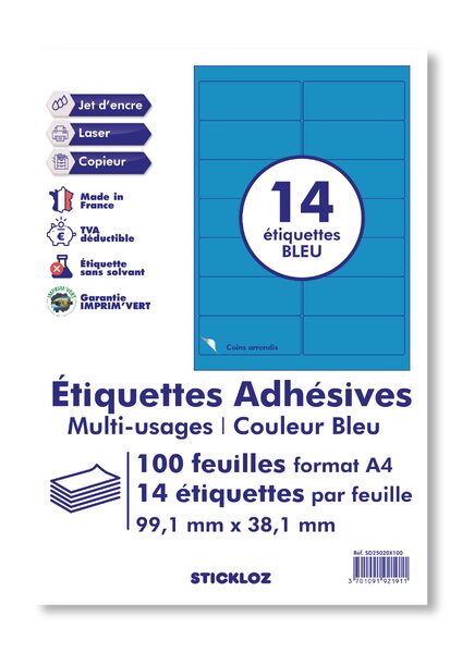 100 planches a4 - 14 étiquettes 99,1 mm x 38,1 mm autocollantes bleu par planche pour tous types imprimantes - jet d'encre/laser/photocopieuse