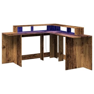 Bureau table poste de travail meuble d'ordinateur informatique étude avec lumières LED vieux bois bois d'ingénierie brun 02_0023440