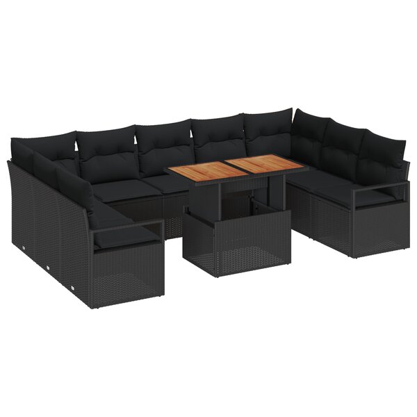 Ensemble de canapés de jardin de 10 pièces avec coussins en poly rotin noir