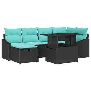 vidaXL Ensemble de canapé de jardin avec coussin 7 Pièces Noir Poly rotin