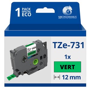 Ruban compatible Brother TZe731 - Texte noir sur fond vert - Largeur 12 mm x 8 mètres